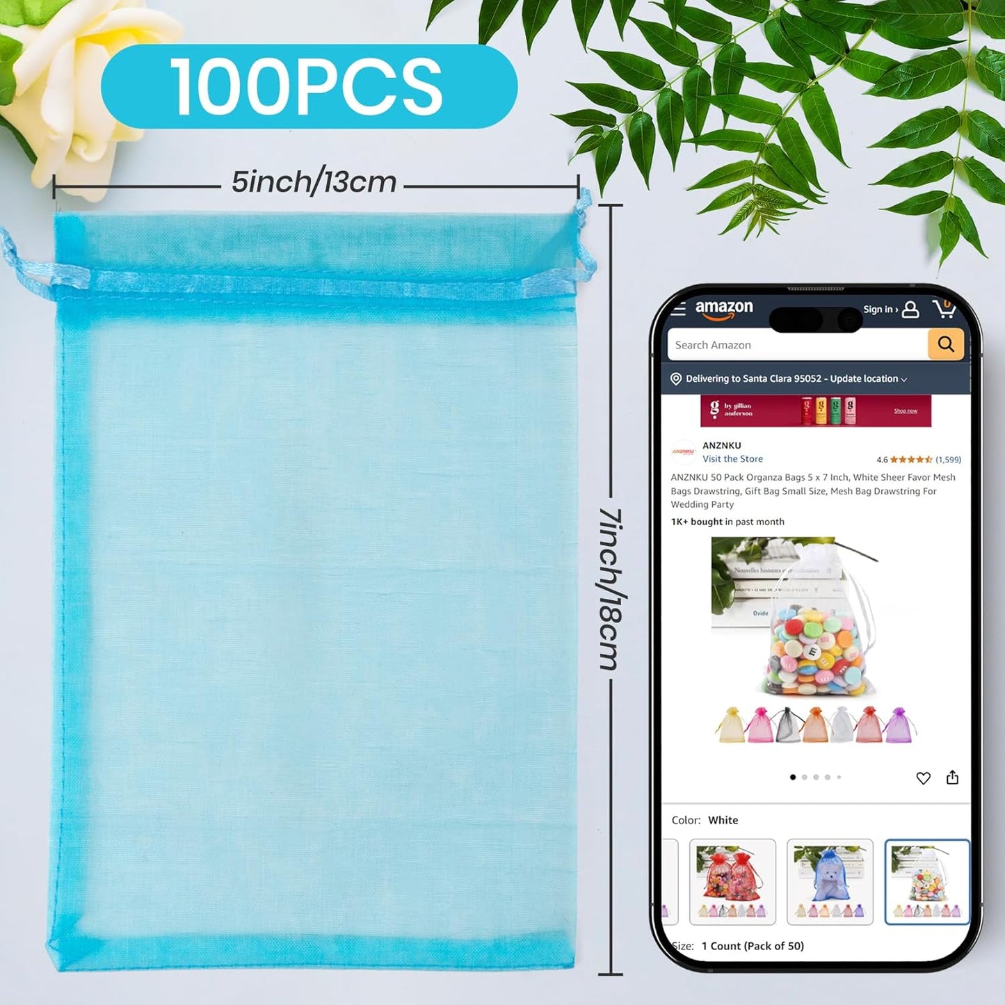 ANZNKU 50 Pack Organza Bags 5 x 7 in White Small Mesh Gift Bags Bulk Drawstring for Wedding Party Favors, Little Goodie Bag for Candy Jewelry Soap Makeup, Treat Sachet Pouch for Mothers Gifts Wrap