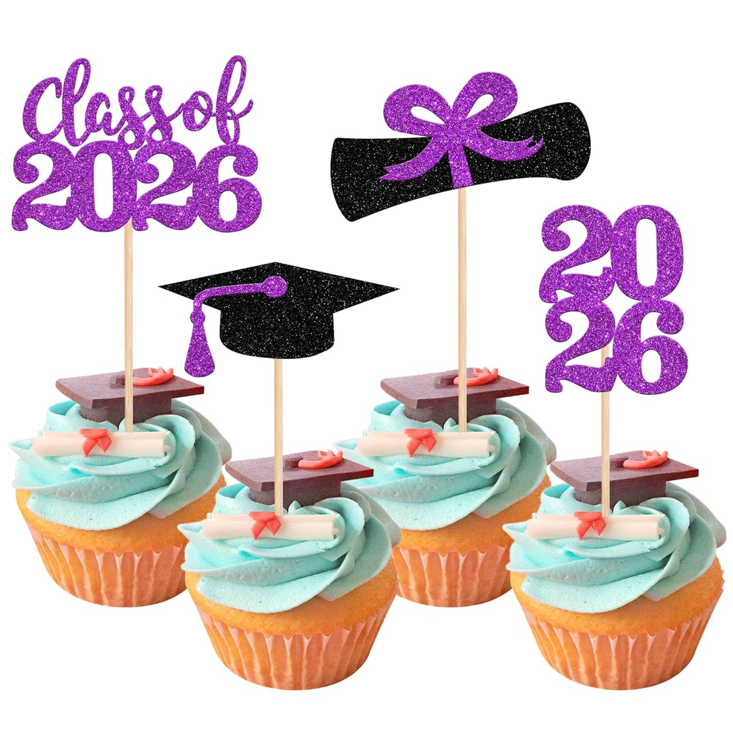 36 PCS 2026 Graduation Theme Cupcake Toppers Glitter Class of 2026 Grad Cap Diploma Cupcake Picks 2026 Graduation Theme Party Cake Decorations Supplies Deep Blue