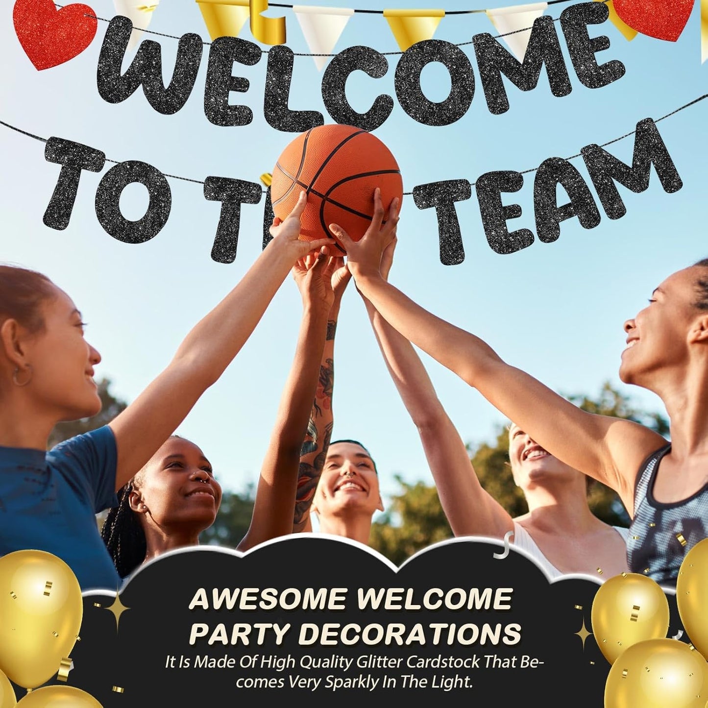 Fulmoon Pre Strung Welcome to The Team Banner with Two Heart Signs, NO DIY, Glitter Welcome Party Supplies for New Employee, Coworker, Colleague, Staff, Team Member Office Decorations(Champagne Gold)