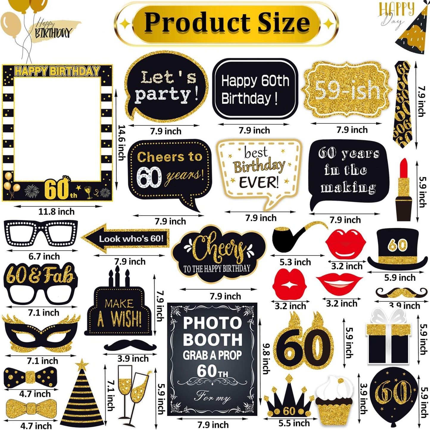 32pcs 60th Birthday Photo Booth Props for Men Women, 60 Birthday Selfie Props Kit, Classic Black Gold Happy 60th Birthday Party Supplies, Cheers to 60 Years Old Bday Decor