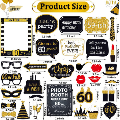 32pcs 60th Birthday Photo Booth Props for Men Women, 60 Birthday Selfie Props Kit, Classic Black Gold Happy 60th Birthday Party Supplies, Cheers to 60 Years Old Bday Decor