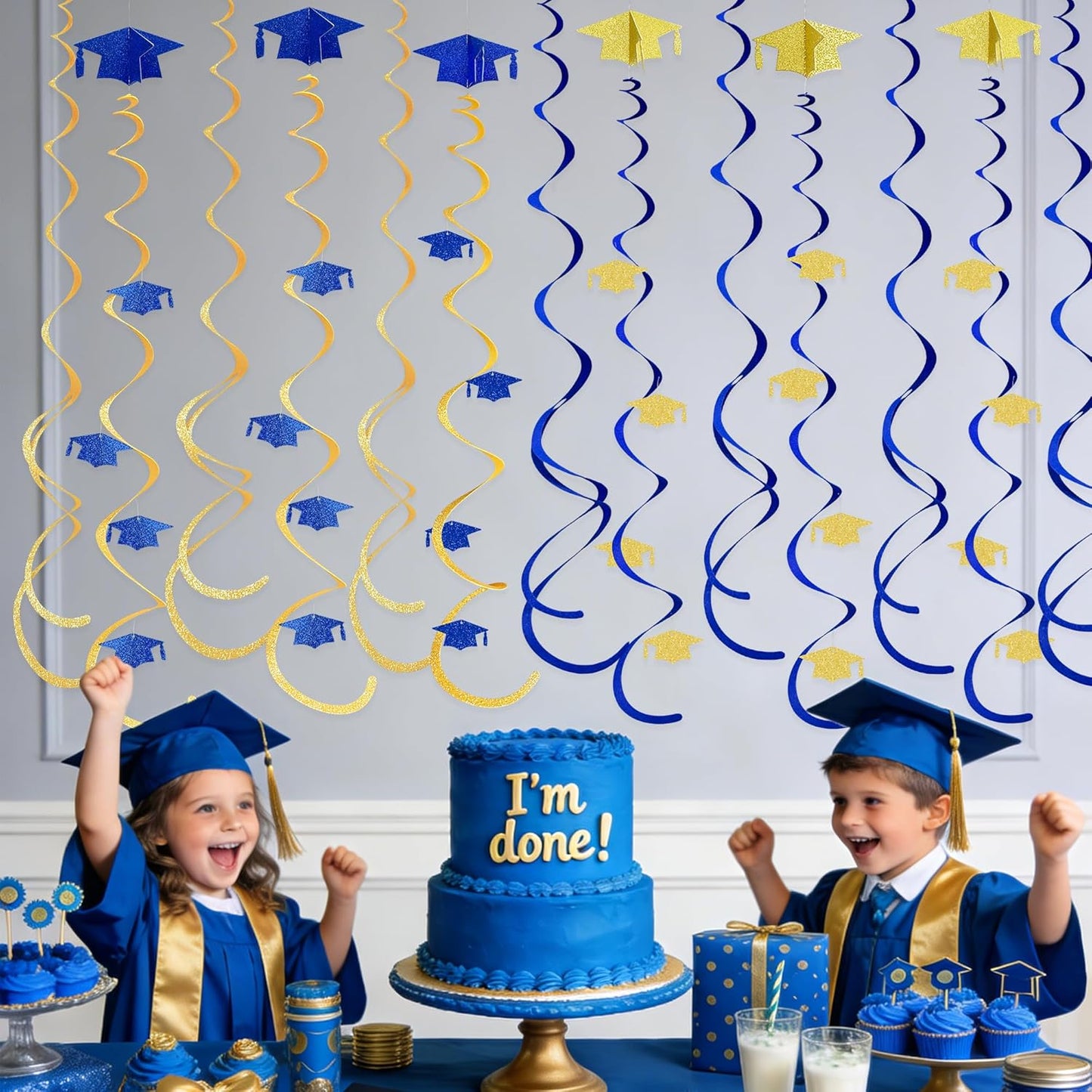 36 Pcs Blue Hanging Swirl Decorations Ombre Royal Blue White Felt Swirl Streamer Spiral Ceiling Garland for Birthday Wedding Baby Shower Graduation Under The Sea Nautical Ahoy Achor Party Supplies