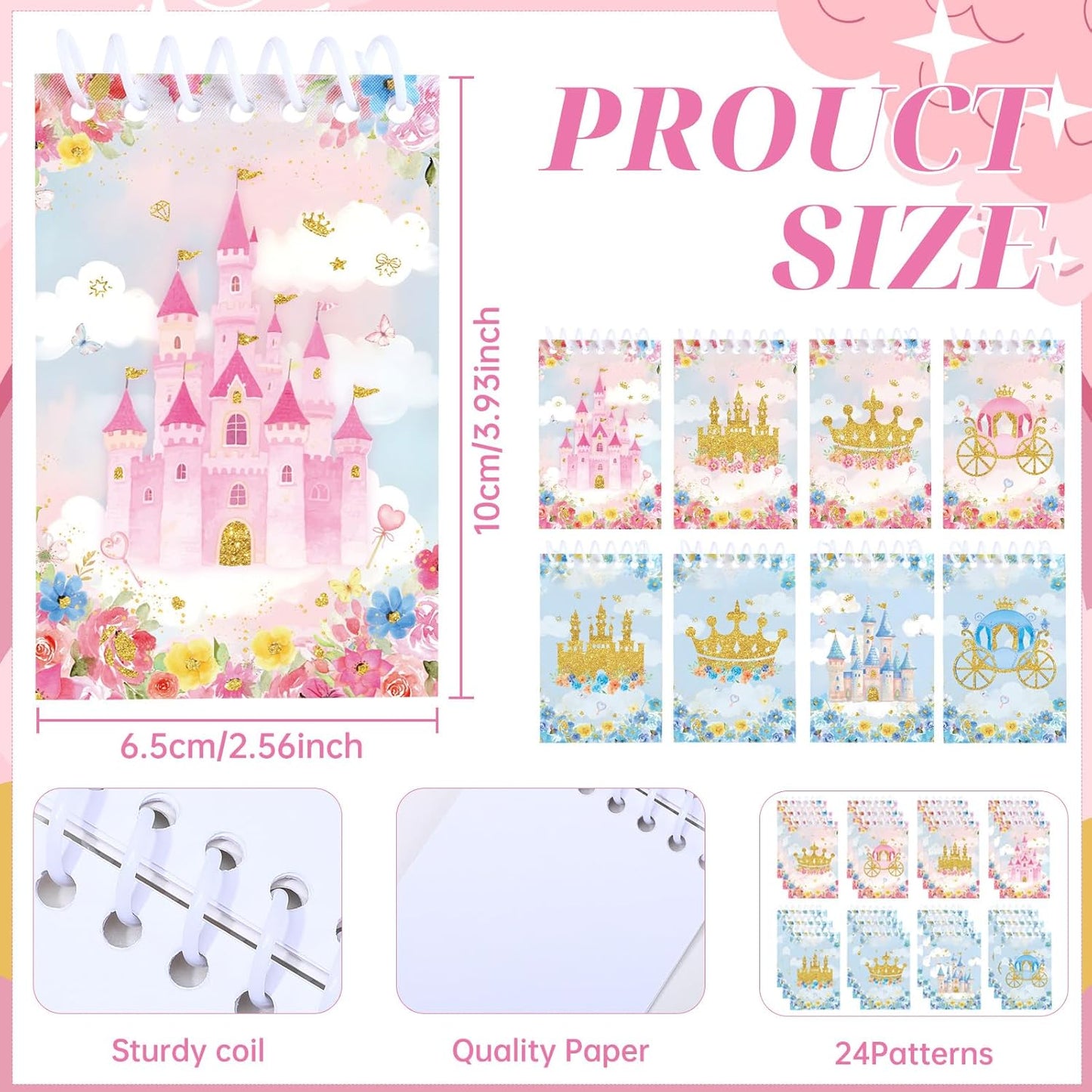 24Pcs Princess&Prince Castle Mini Spiral Notebooks Party Supplies Blue Pink Mini Notepad Pocket Journal Gifts for Kids Boys Girls Birthday Party Decorations Teacher Rewards Classroom School Supply