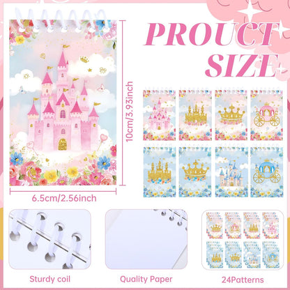 24Pcs Princess&Prince Castle Mini Spiral Notebooks Party Supplies Blue Pink Mini Notepad Pocket Journal Gifts for Kids Boys Girls Birthday Party Decorations Teacher Rewards Classroom School Supply