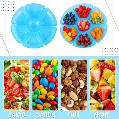 Zhehao 4 Pcs Sectional Heavyweight Plastic Divided Plates Serving Trays with 40 Disposable Forks 10.6" 7 Section Round Chip Dip Plate Snack Food Platter for Nut Candy Veggie Fruit (Blue)