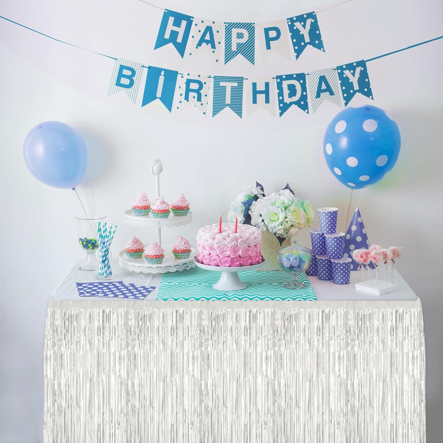 2 Pack 29.5x108 Inch Silver Foil Tinsel Fringe Table Skirts, Disposable Table Skirts for Rectangle Tables Curtains Backdrop Parade Wedding Floats Baby Shower Birthday Mardi Gras Party