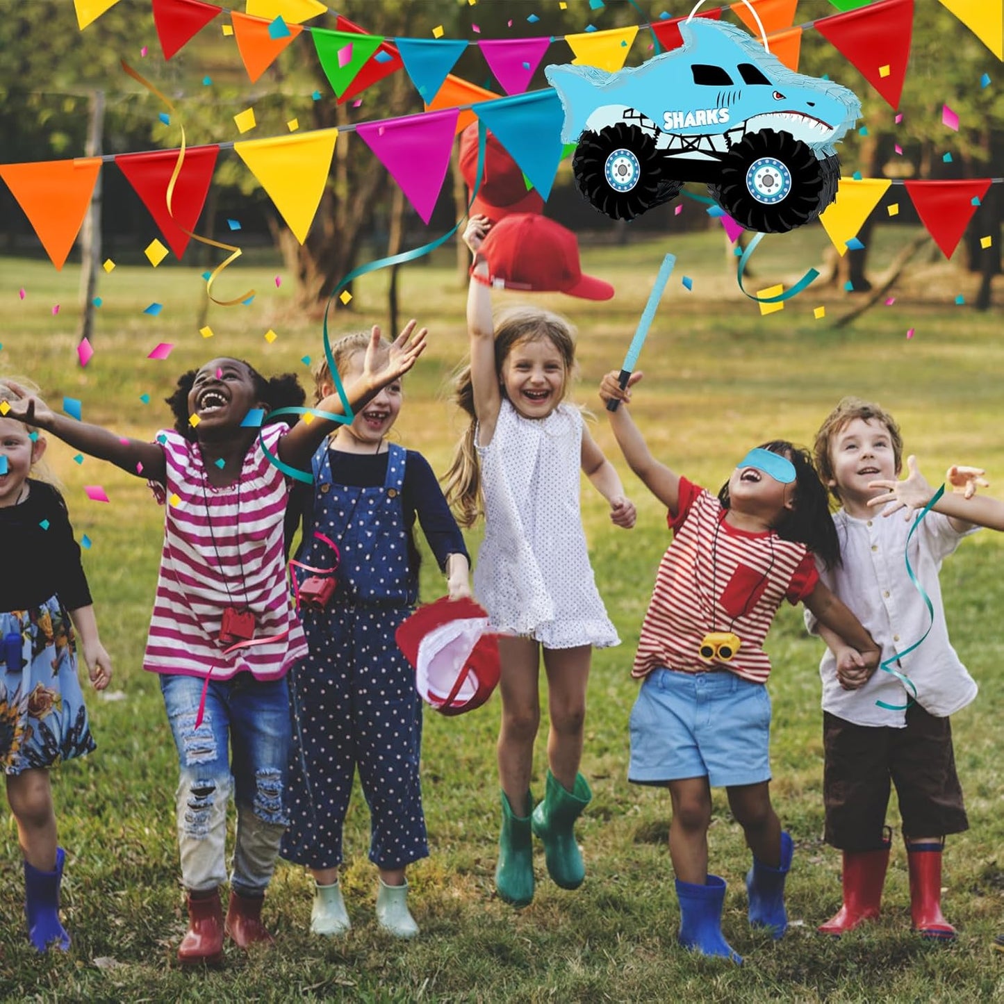 Shark Truck Pinata - Monster Truck Pinata with Blindfold and Bat for Kids Shark Monster Truck Theme Birthday Party Game Decorations (Small Size 16.7”x10.2”x3”)