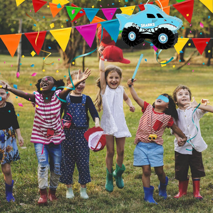 Shark Truck Pinata - Monster Truck Pinata with Blindfold and Bat for Kids Shark Monster Truck Theme Birthday Party Game Decorations (Small Size 16.7”x10.2”x3”)
