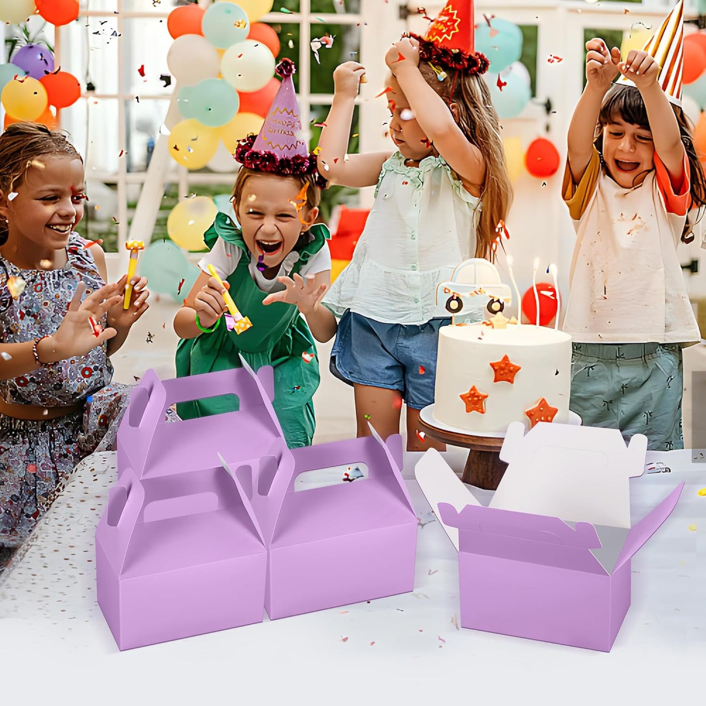 XAGLVV 24 Pack White Paper Gable Boxes,6.2 Inch Candy Boxes with Handle, Snack Party Favor& Gift Cookie bags for kids Birthday,Wedding, Baby Shower, Graduation.