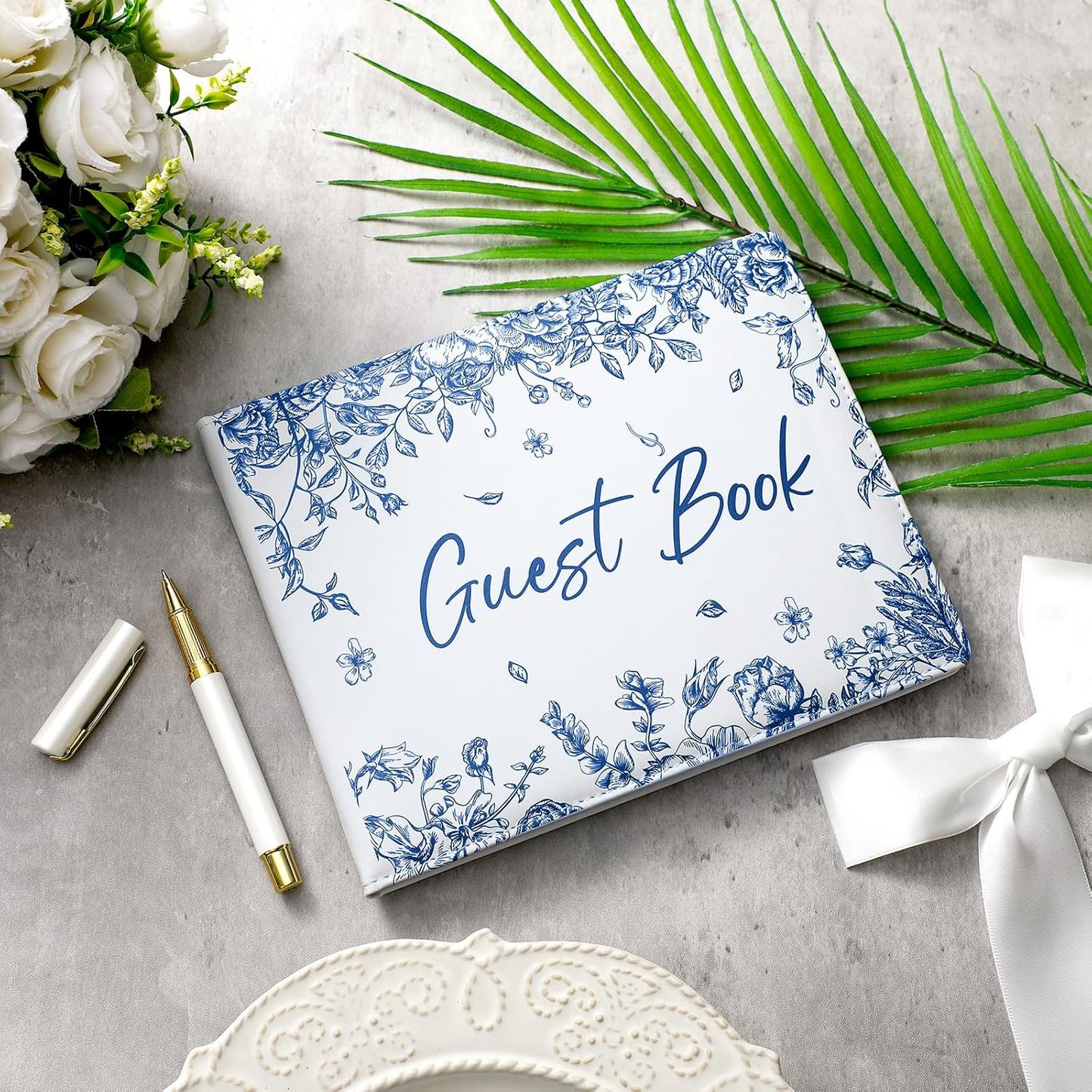 Panelee Wedding Guest Book with Pen Set Elegant Guest Sign in Books Bridal Shower Guestbook Beautiful Guest Book Wedding Reception Guestbook for Wedding (Flower, Blue)