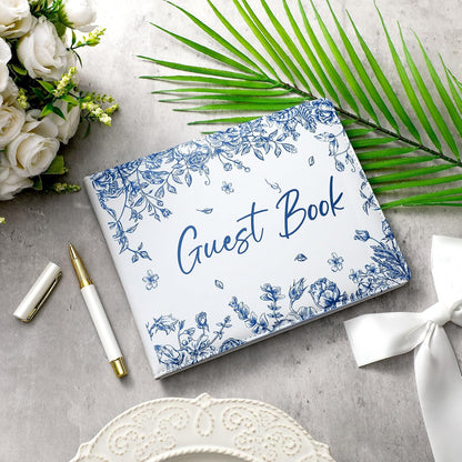 Panelee Wedding Guest Book with Pen Set Elegant Guest Sign in Books Bridal Shower Guestbook Beautiful Guest Book Wedding Reception Guestbook for Wedding (Flower, Blue)
