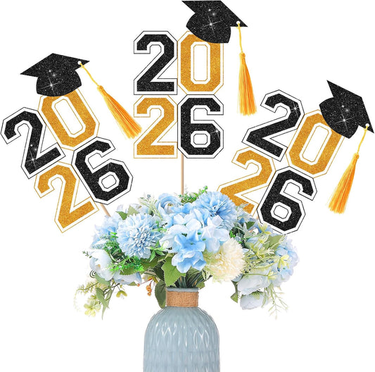 10 Pcs Graduation Table Centerpieces Sticks with Tassels, class of 2026 Grad Cap Picks Table Decoration Cupcake Toppers for Party Centerpiece Decoration Supplies(Blue and Gold)
