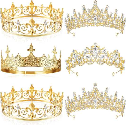 Juexica 6 Pieces Prom King Crown Metal Baroque King and Queen Prince Princess Crystal Headband Tiara Crown Wedding Bridal Accessories for Women Men