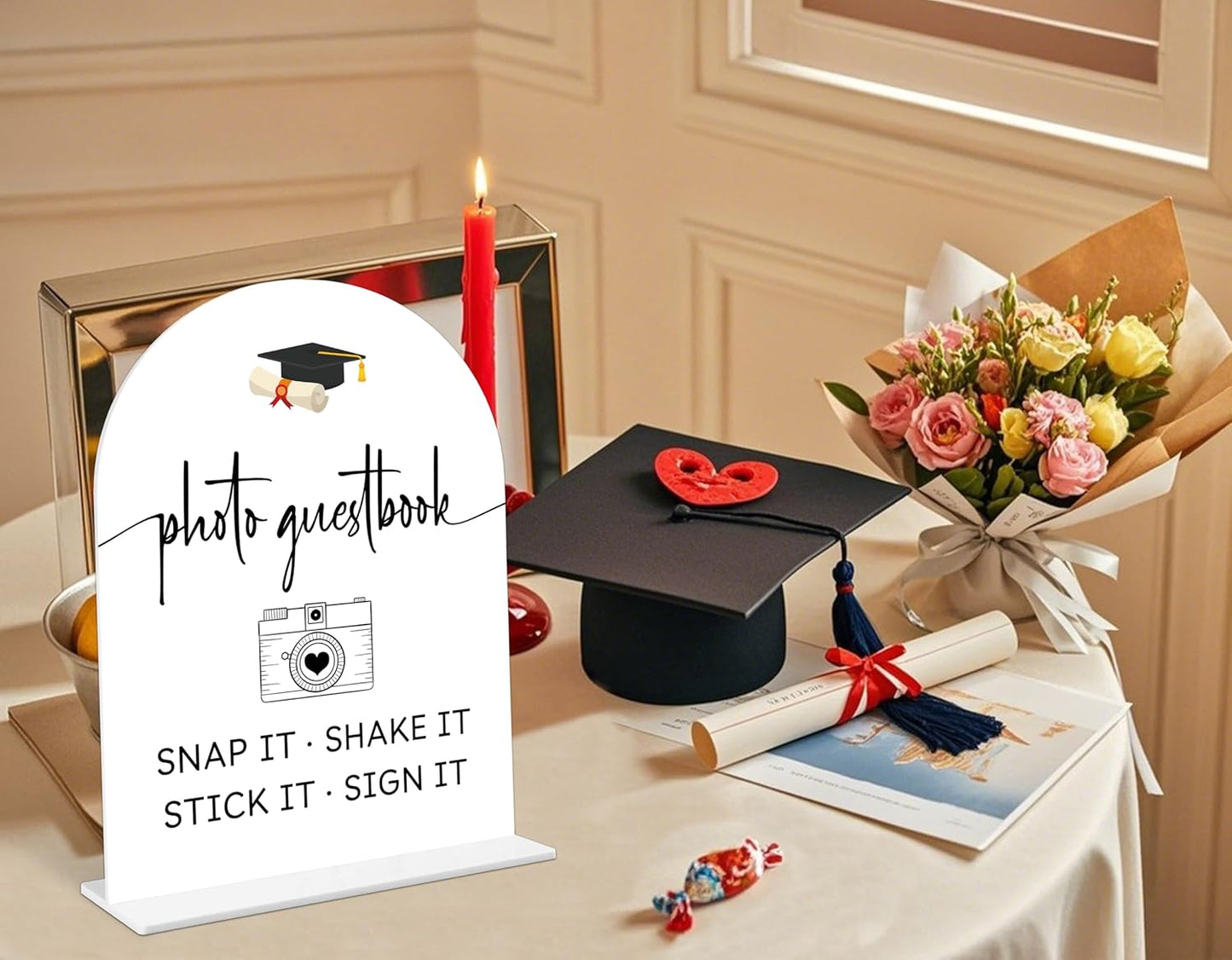 Graduation Guestbook Sign, 6 x 8 Inch White Arch Acrylic Grad Party Sign with Holder, Graduation Party Sign for Class of 2026, Grad Decor, High School College Party Supplies - DL02