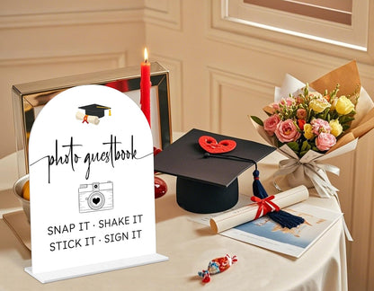 Graduation Guestbook Sign, 6 x 8 Inch White Arch Acrylic Grad Party Sign with Holder, Graduation Party Sign for Class of 2026, Grad Decor, High School College Party Supplies - DL02