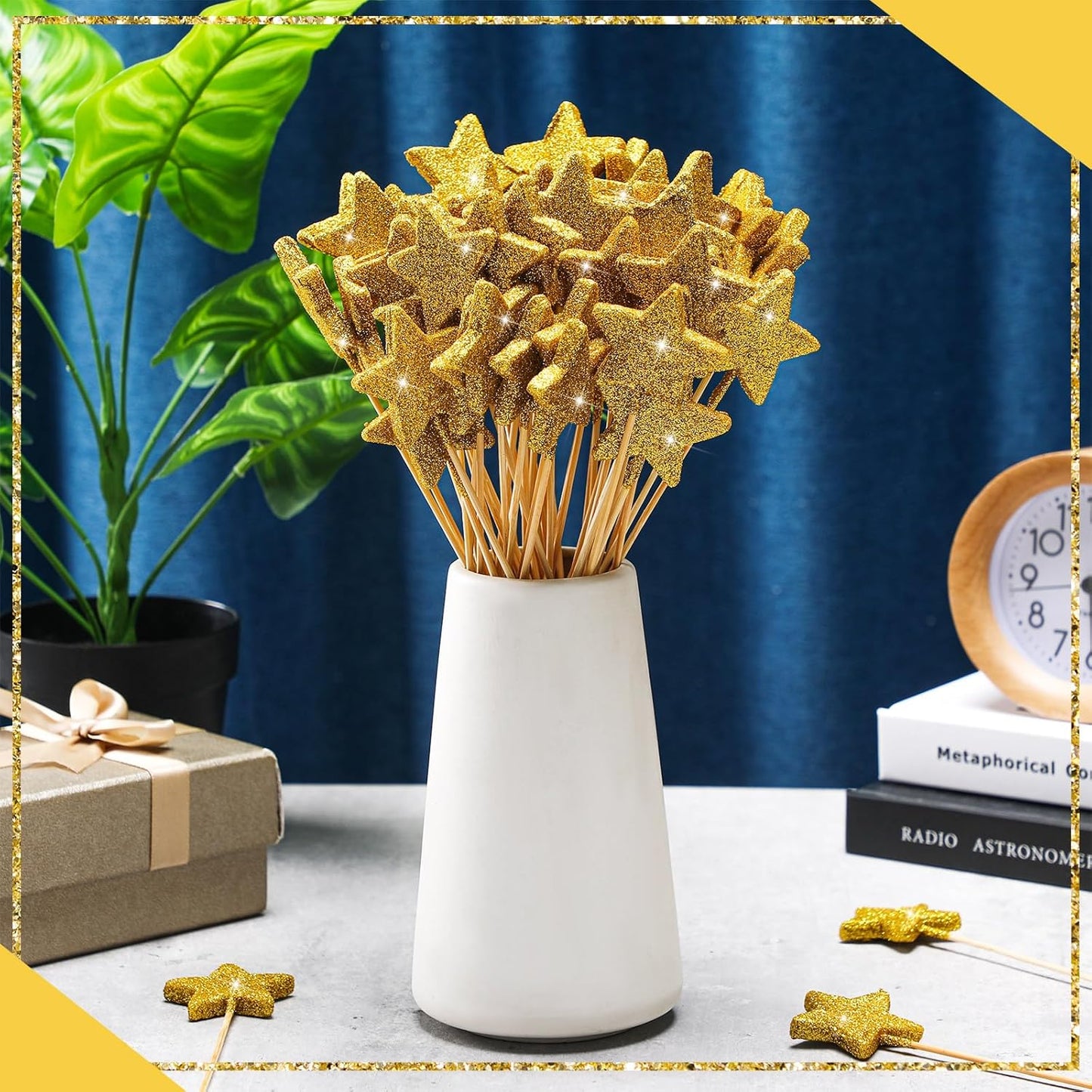 Suzile 60 Pcs Golden Star Floral Pick 8'' Star Centerpiece Table Decor Gold Glitter Craft Stick Sparkly Foam Stem for Floral Arrangement Wreath Wedding Bridal Baby Shower Birthday Stars Arrangement