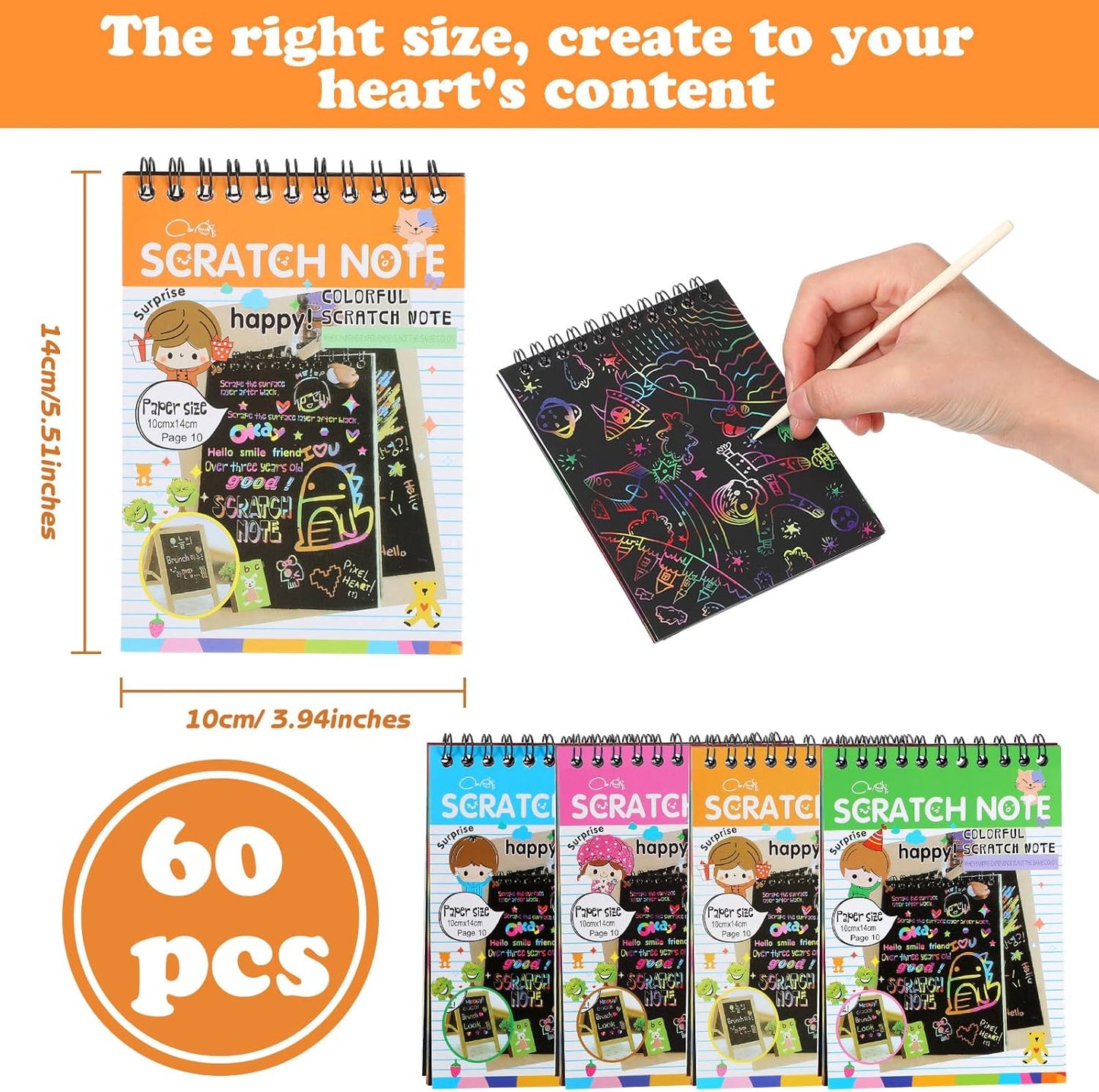 Fulmoon 60 Pcs Bulk Scratch Note Pads Scratch Paper Notebooks Rainbow Party Favors with Wooden Stylus Coloring Books DIY Arts and Crafts for Birthday Game Gift
