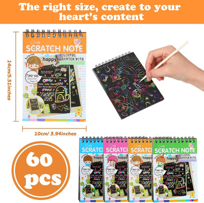 Fulmoon 60 Pcs Bulk Scratch Note Pads Scratch Paper Notebooks Rainbow Party Favors with Wooden Stylus Coloring Books DIY Arts and Crafts for Birthday Game Gift