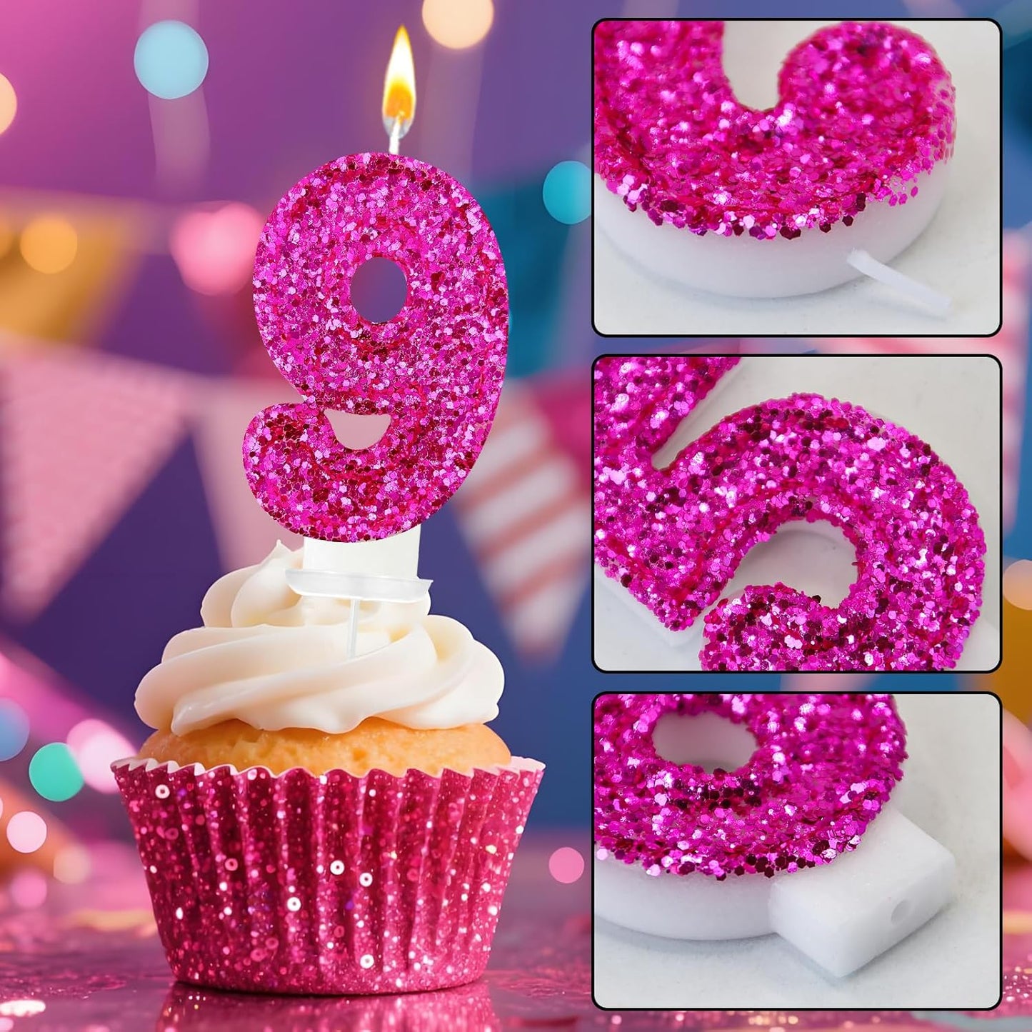 Birthday Number Candles, Glitter Number Candle Cake Decorations with Sequins, Cupcake Decorations for Girls, Women, Party Anniversary Celebrations (Number 6, Purple)