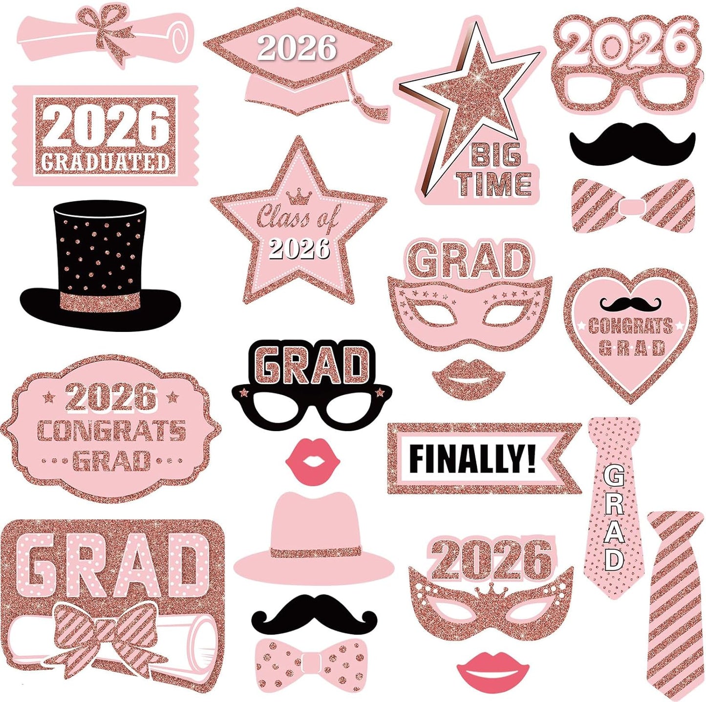 Blulu 24 Pieces 2026 Graduation Party Photo Booth Props Kit, Funny Graduation Party Selfie Props, Selfie Photo Frame for High School and College Grad Favors Supplies(Pink)
