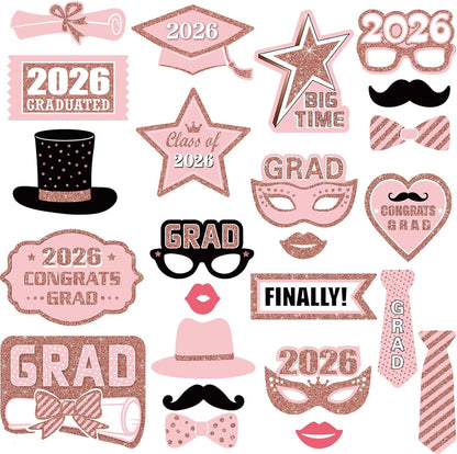 Blulu 24 Pieces 2026 Graduation Party Photo Booth Props Kit, Funny Graduation Party Selfie Props, Selfie Photo Frame for High School and College Grad Favors Supplies(Pink)