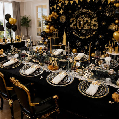 350 Pieces Black and Gold Plastic Plates with Disposable Silverware, Include 50 Dinner Plates 9”, 50 Dessert Plates 6.3”, 50 Black Cups 9 OZ, 50 Pre Rolled Napkins for Wedding Party Graduation
