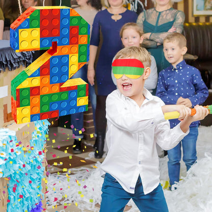 Number 7 Pinata Building Blocks with Pinata Stick Blindfold 7th Birthday Party Decorations Happy Birthday Building Block Theme Anniversary Party Supplies for Kids (Small, 16 x 10.6 x 3 in)