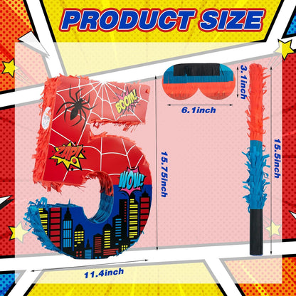 Number 4 Spider Pinata Bundle with 16 Inch Piñata Stick Blindfold Confetti for Hero Birthday Party Decoration Anniversary Celebration Gift Spider Party Favors for Kids, 16 x 11.6 x 2.4 Inch