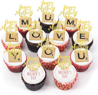 24 PCS Happy Mother's Day Cupcake Toppers with Glitter Heart Love Mother Best Mom Cupcake Picks for Happy Mother's Day Theme Women Birthday Party Cake Decorations Supplies Rose Gold
