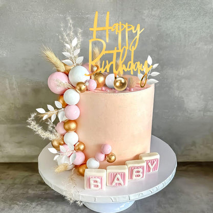 Khaki Balls Cake Topper Boho Grass Cake topper Khaki White Gold Pearl Balls Happy Birthday Cake Decorations for Wedding Birthday Boho Themed Supplies (Khaki)