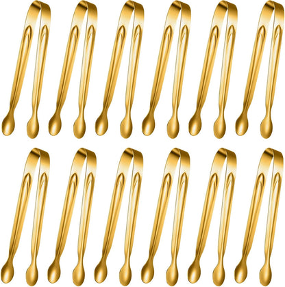 Gejoy 12 Pieces Mini Tongs Stainless Steel Small Sugar Serving Tongs for Charcuterie Board Appetizers Dessert Serving Food Tiny Party Danish Candy(6 Inch,Gold)