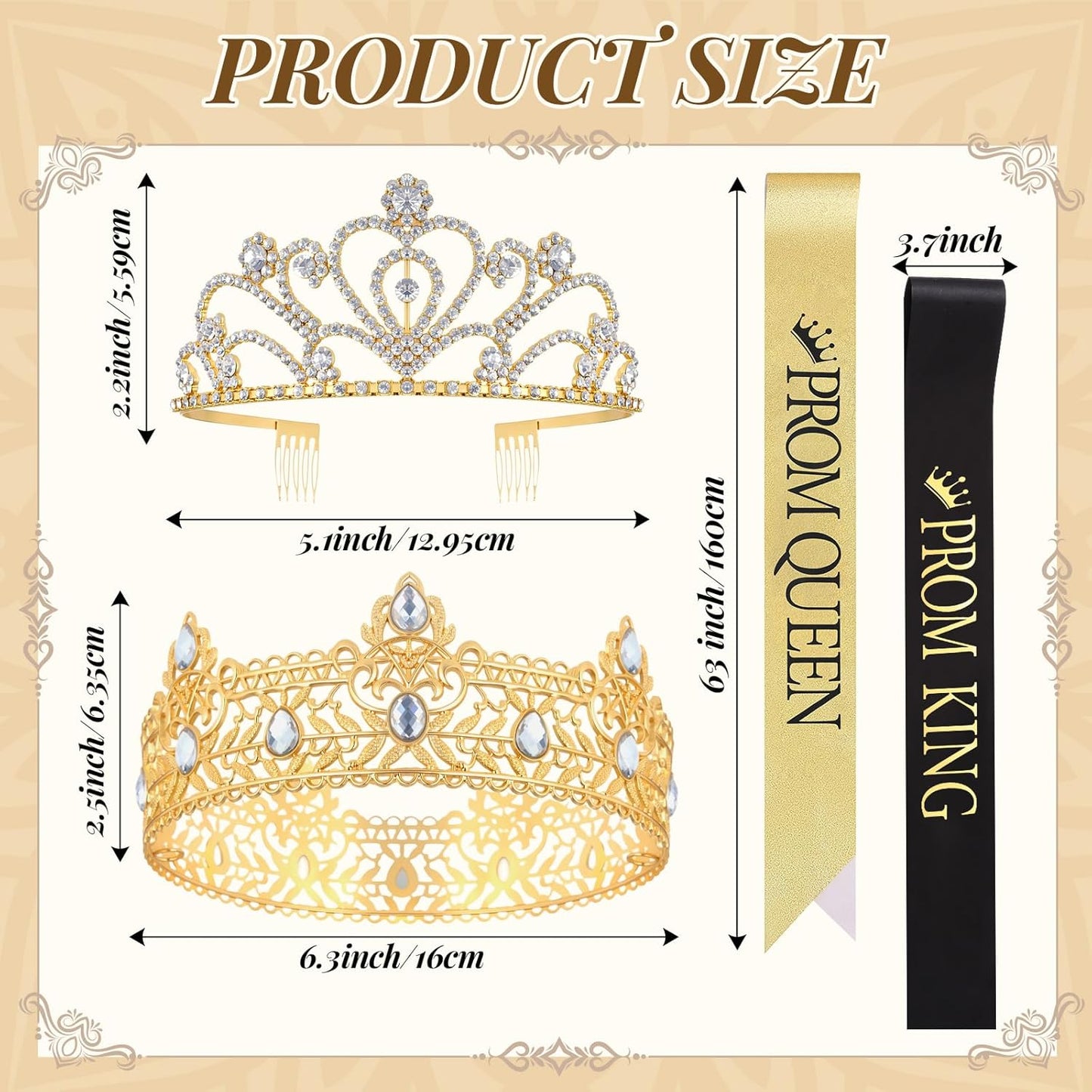 Lyrow 4 Pcs Prom King and Queen Crown Set, Prom King Crown with Sash for Graduation, Queen Tiara with Sash for Grad Couple Accessories Homecoming Birthday Party(Cute,Black,White)