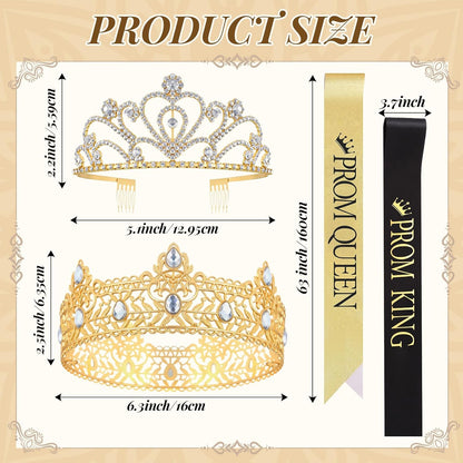 Lyrow 4 Pcs Prom King and Queen Crown Set, Prom King Crown with Sash for Graduation, Queen Tiara with Sash for Grad Couple Accessories Homecoming Birthday Party(Cute,Black,White)