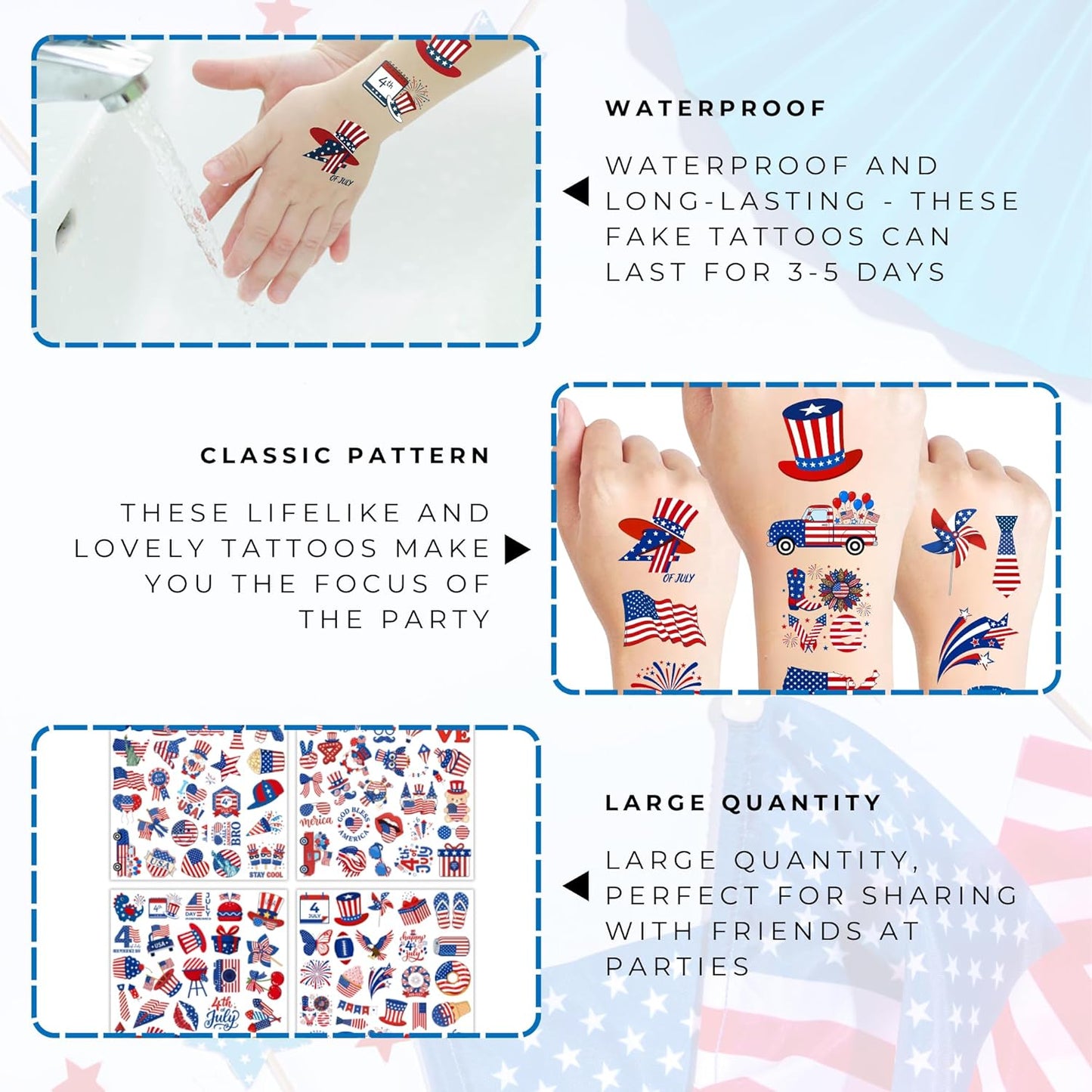4th of July Temporary Tattoos - 105 PCS USA stickers Fourth of July Party Favors Supplies Decorations Patriotic Accessories Memorial Labor Independence Day Red White Blue American Flag