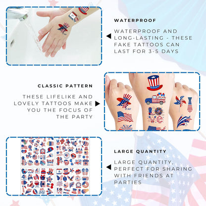 4th of July Temporary Tattoos - 105 PCS USA stickers Fourth of July Party Favors Supplies Decorations Patriotic Accessories Memorial Labor Independence Day Red White Blue American Flag