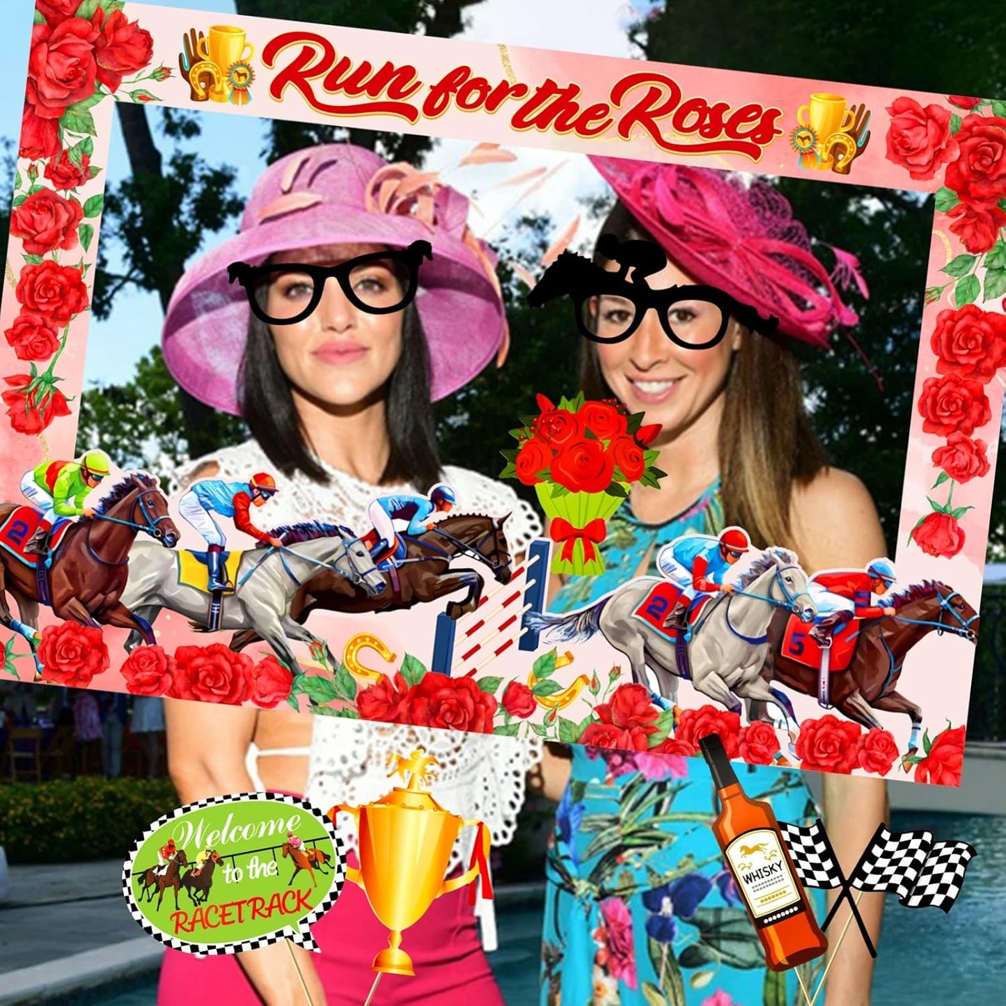 YVAINE Kentucky Horse Photo Booth Frame with 25 Pcs Kentucky Horse Racing Derby Day Photo Booth Props Run for The Rose Photo Frame for Derby Day Birthday Party Supplies