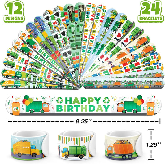 96 PCS Garbage Truck & Trash Truck Party Favors - 72 Pre-Cut Temporary Tattoos & 24 Slap Bracelets for Kids, Birthday Decoration Supplies, Goodie Bag Stuffers Gifts