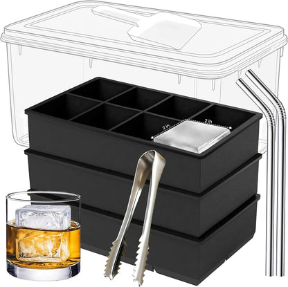 56pcs Ice Cube Tray with Lid and Bin – Stackable 4 Trays Plastic Silicone Freezer Mold, Large Ice Bucket with Scoop, Tong & 2 SS Straws – Easy Release Ice Maker for Cocktail, Coffee, RV, Whiskey