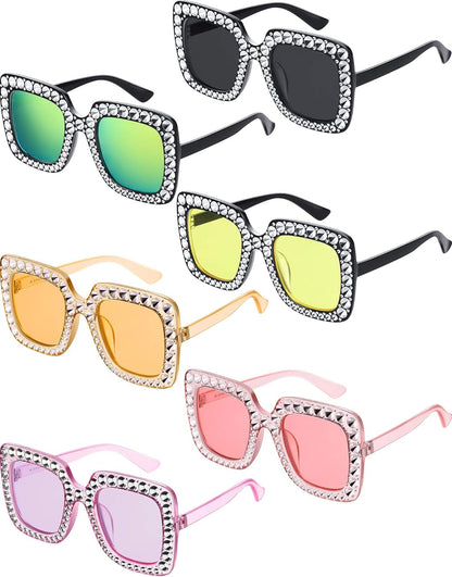 Frienda 6pcs Oversize Rhinestone Square Bling Sunglasses Sparkling 70s Glitter Crystal Disco Sunglasses Retro Frame Glasses for Women