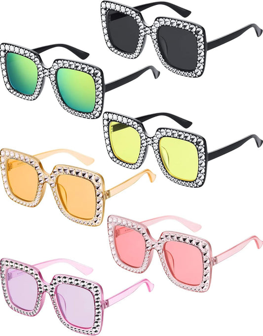 Frienda 6pcs Oversize Rhinestone Square Bling Sunglasses Sparkling 70s Glitter Crystal Disco Sunglasses Retro Frame Glasses for Women