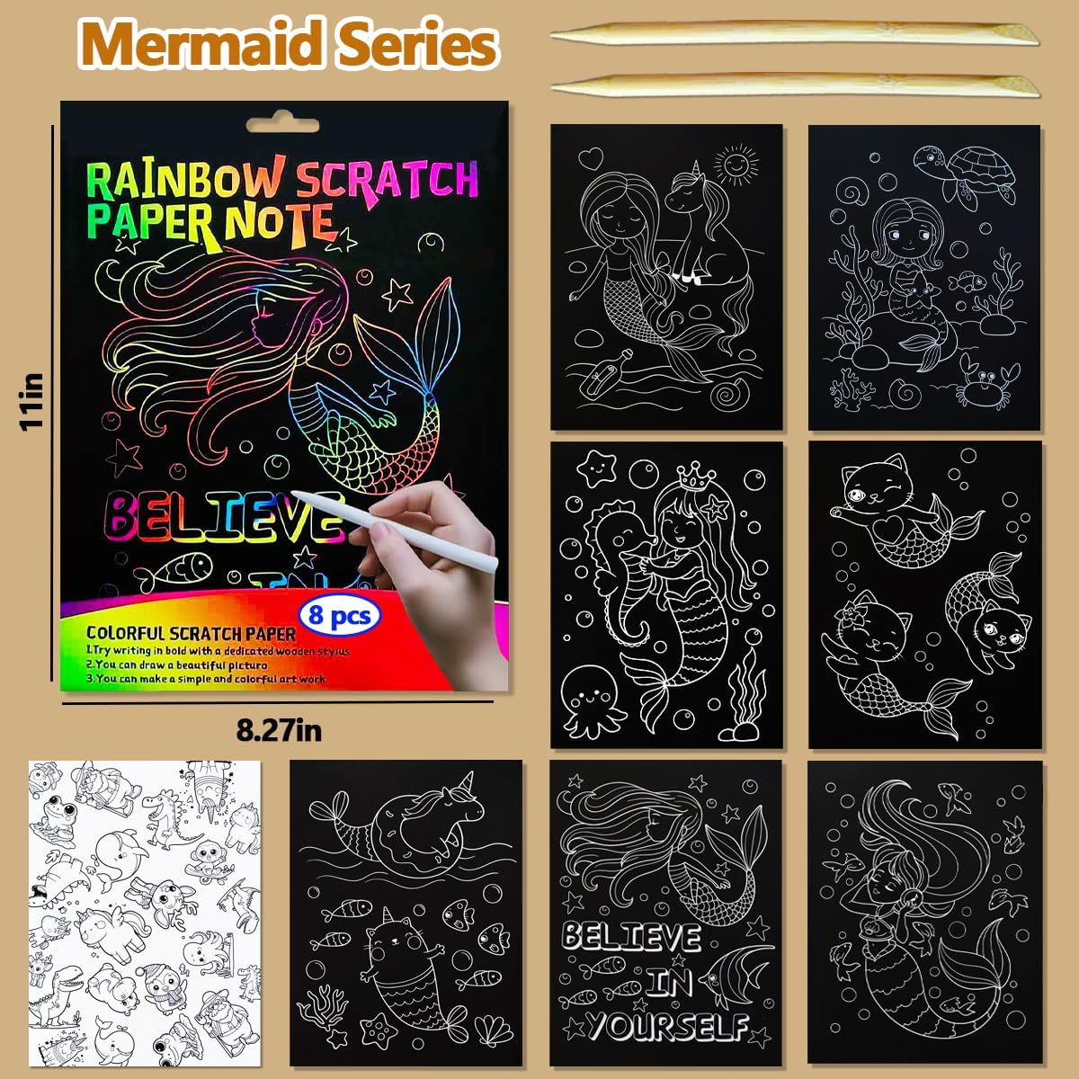 BAOXUE Scratch Art for Kids, Mermaids Black Rainbow Scratch Paper Set-Arts And Crafts & Supplies, DIY Activity & Party Games, Mermaid Toys Gifts for Toddlers, Girls