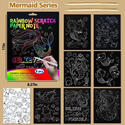 BAOXUE Scratch Art for Kids, Mermaids Black Rainbow Scratch Paper Set-Arts And Crafts & Supplies, DIY Activity & Party Games, Mermaid Toys Gifts for Toddlers, Girls