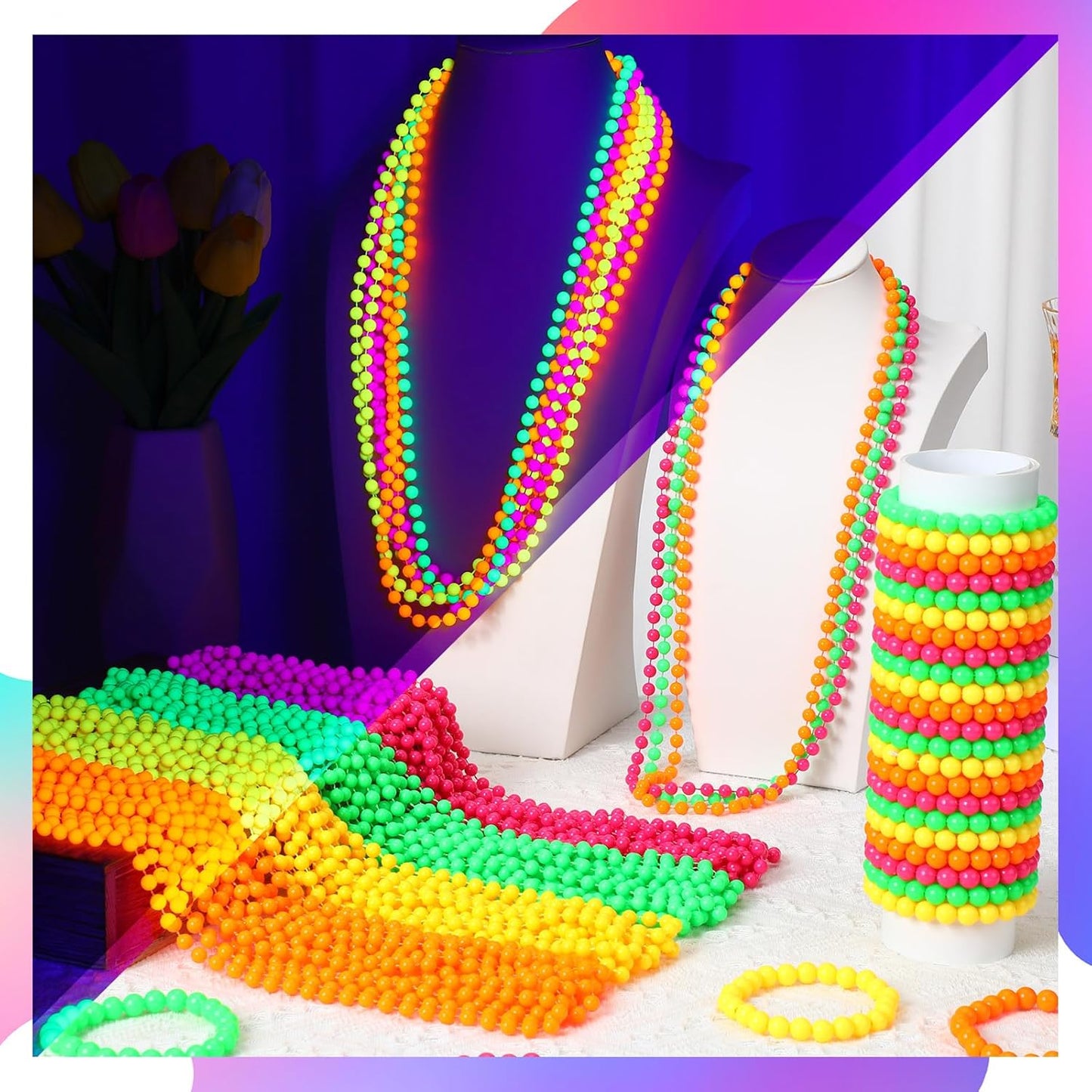Ecally Neon Bead Necklaces and Bracelets Set Glow in The Dark Party Supplies Colorful Glow Necklaces and Bracelets Bulk for Mardi Gras 80s Party Favors Carnival Concert Neon Night Accessories