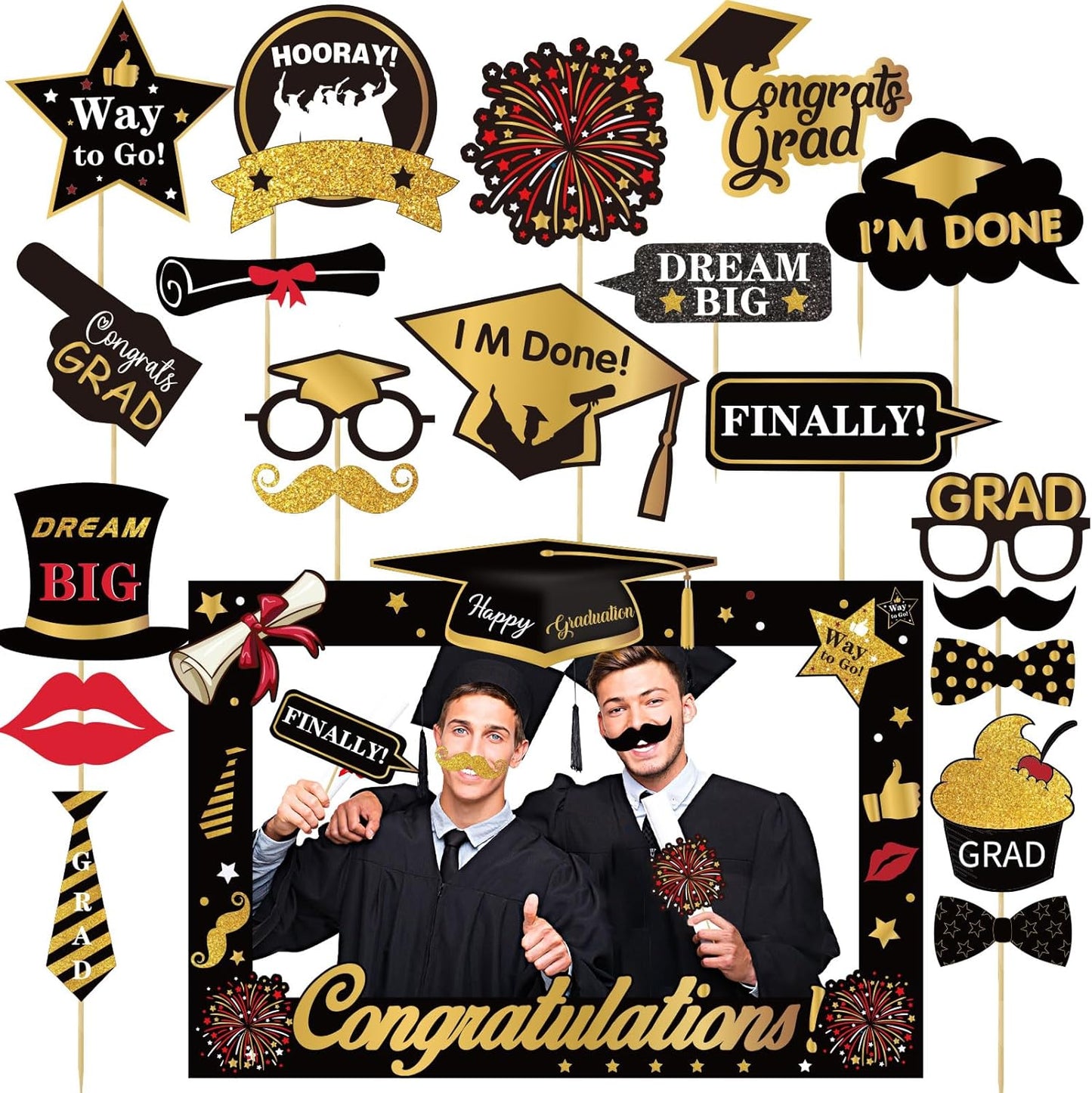 2026 Graduation Photo Booth Props,22Pcs Graduation Photo Booth Props,Funny Grad Party Selfie Props,Black Gold Selfie Photo Frame for High School and College Grads