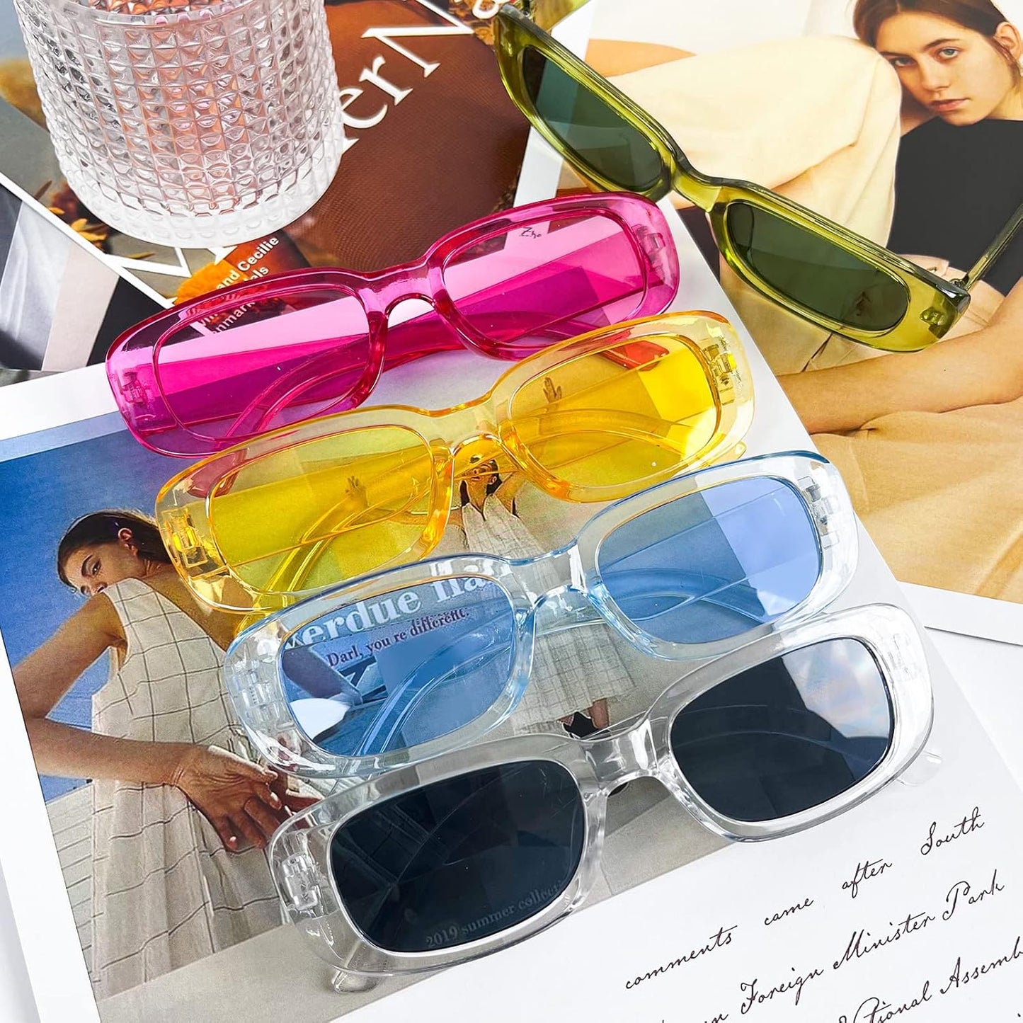 SUNOVELTIES 10 Pack Rectangle Sunglasses for Women Retro Narrow Square Glasses 90s Aesthetic Vintage Eyewear Uniex Adult