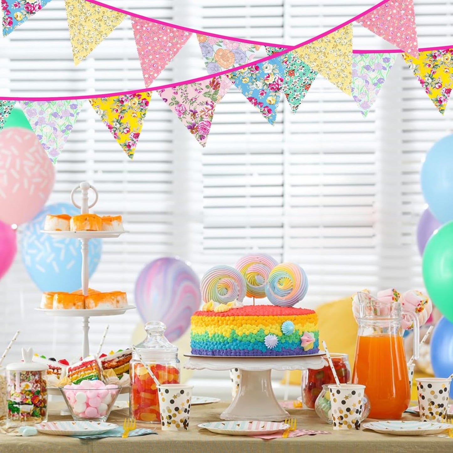 G2PLUS 39Ft Triangle Bunting Banner, 42Pcs Pink Floral Garland Pennant Banner, Reusable Cotton Triangle Flags Party Decoration for Birthday, Wedding, Garden Tea Party, Baby Shower, Room Decor