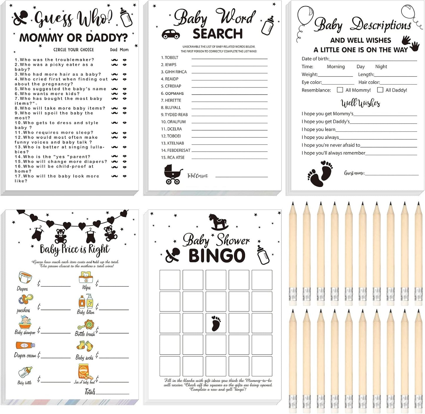 Yinder 145 Pcs Baby Shower Games Activities Cards with 20 Pencils Includes Baby Bingo Description and Wishes Guess Who Price is Right Word Scramble Game(Here Comes the Son)