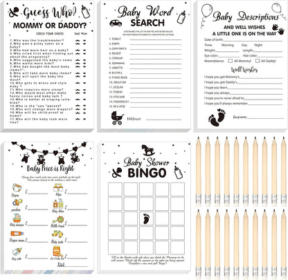 Yinder 145 Pcs Baby Shower Games Activities Cards with 20 Pencils Includes Baby Bingo Description and Wishes Guess Who Price is Right Word Scramble Game(Here Comes the Son)