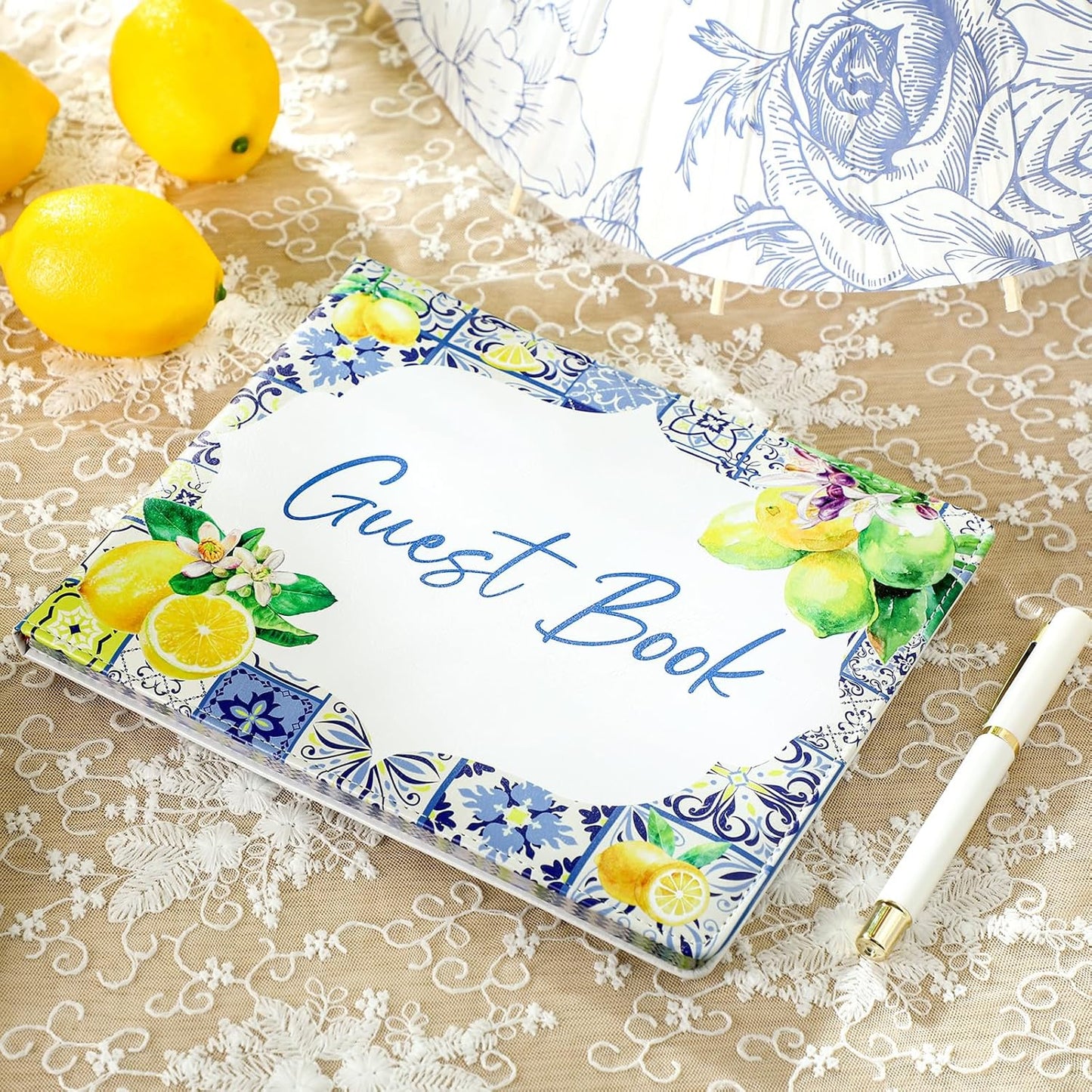 Panelee Wedding Guest Book with Pen Set Elegant Guest Sign in Books Bridal Shower Guestbook Beautiful Guest Book Wedding Reception Guestbook for Wedding (Flower, Blue)