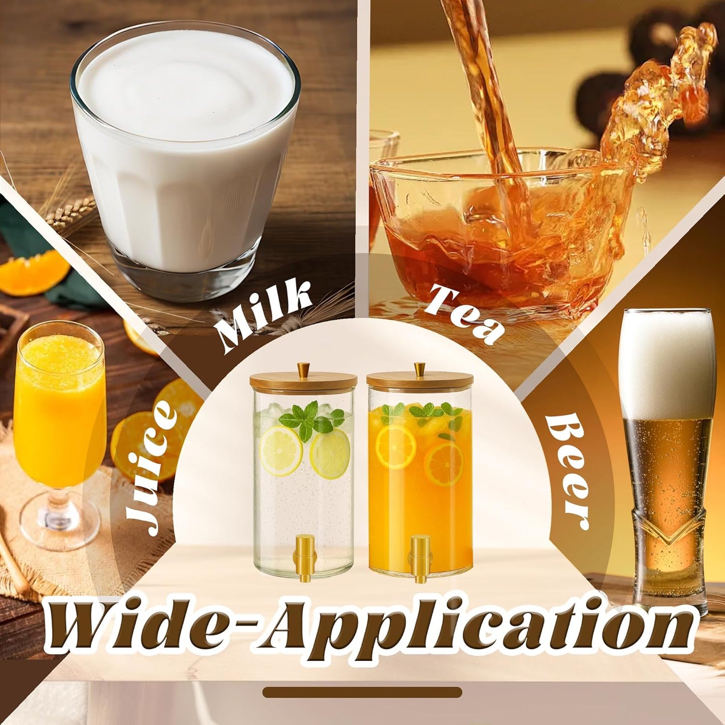 2PCS Drink Dispenser, 1.5 Gallon Each Glass Beverage Dispenser with Wood Stand and Stainless Steel Faucet Ideal for Juice, Lemonade, and Tea,Large Drink Dispenser for Parties and Home Use